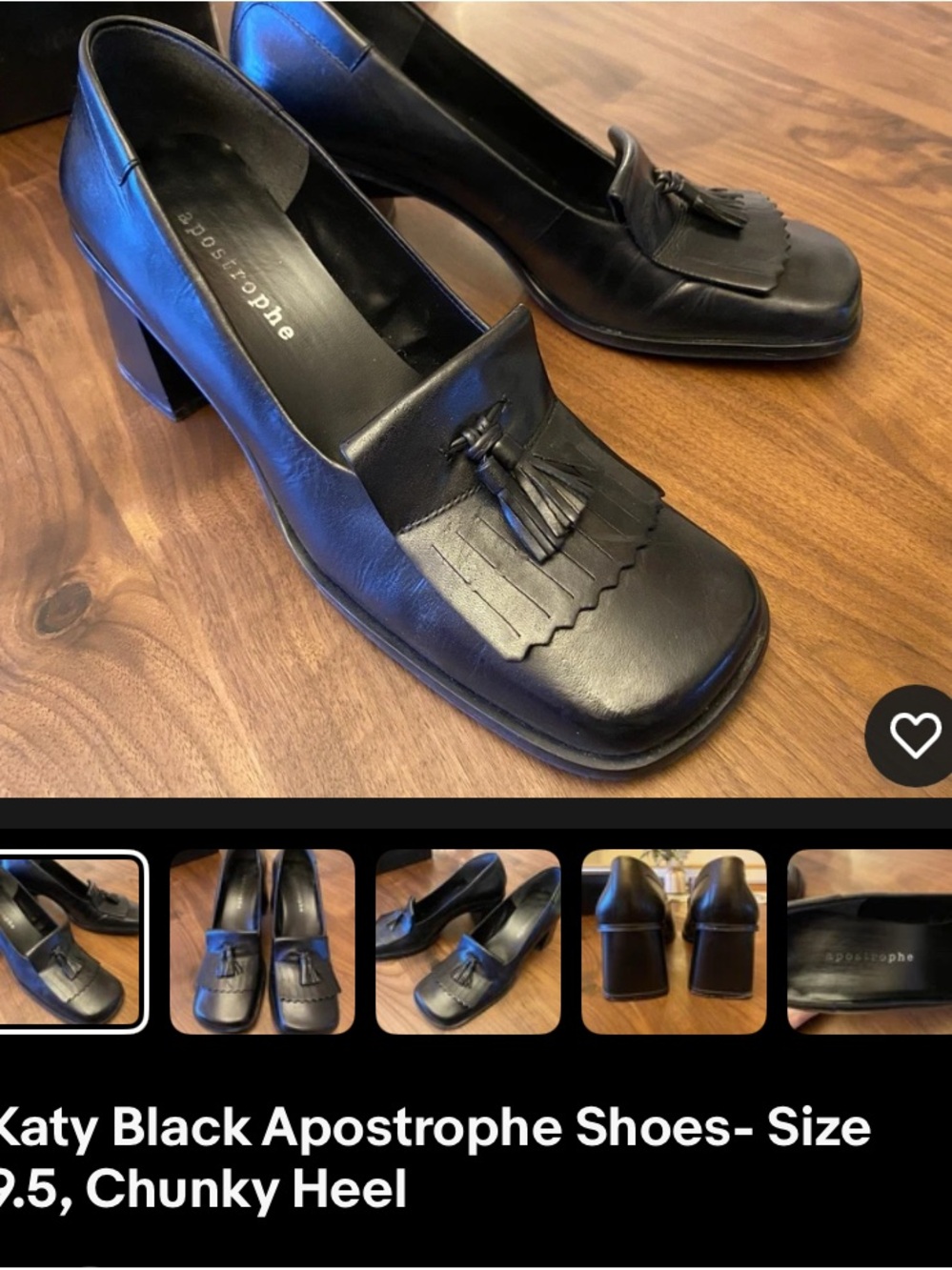 Apostrophe Black Leather Tassel Kiltie Chunky Heel Loafers